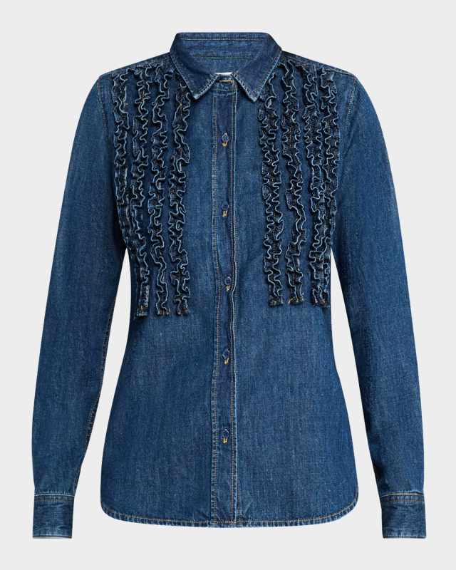 Lexa Ruffle Denim Button-Down Shirt